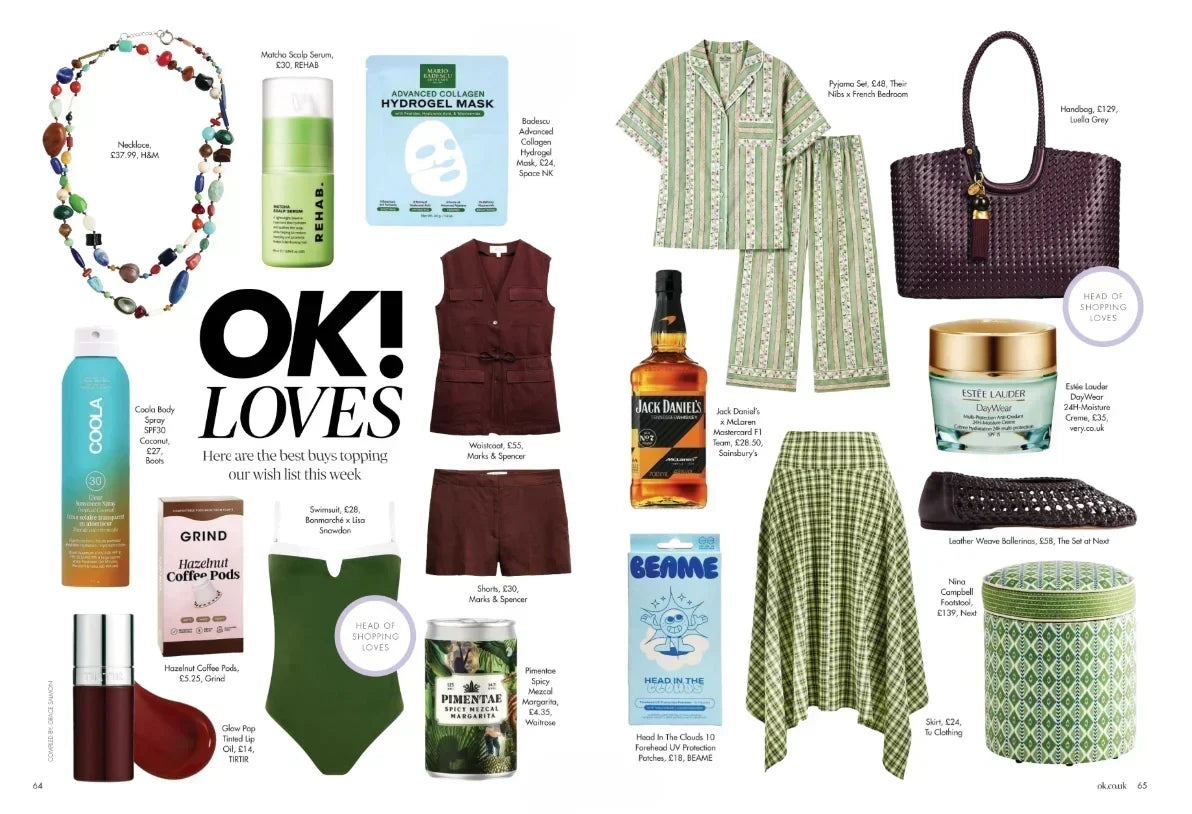 Image of a spread in OK! Magazine featuring the Lillie Bag in Black Cherry