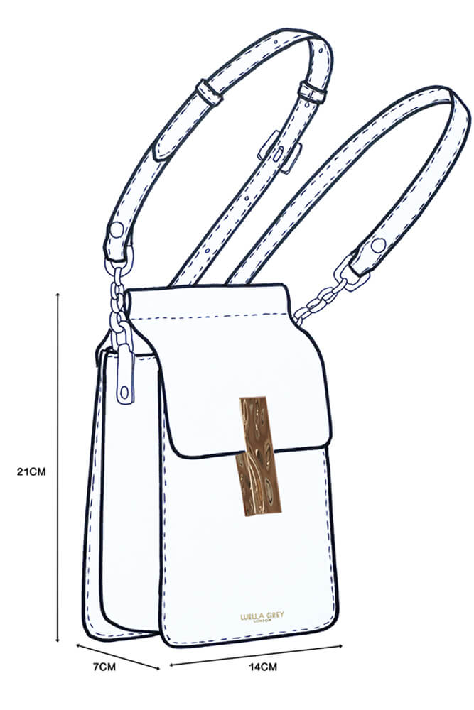 Sketch of Tamsin Phone Bag with dimensions