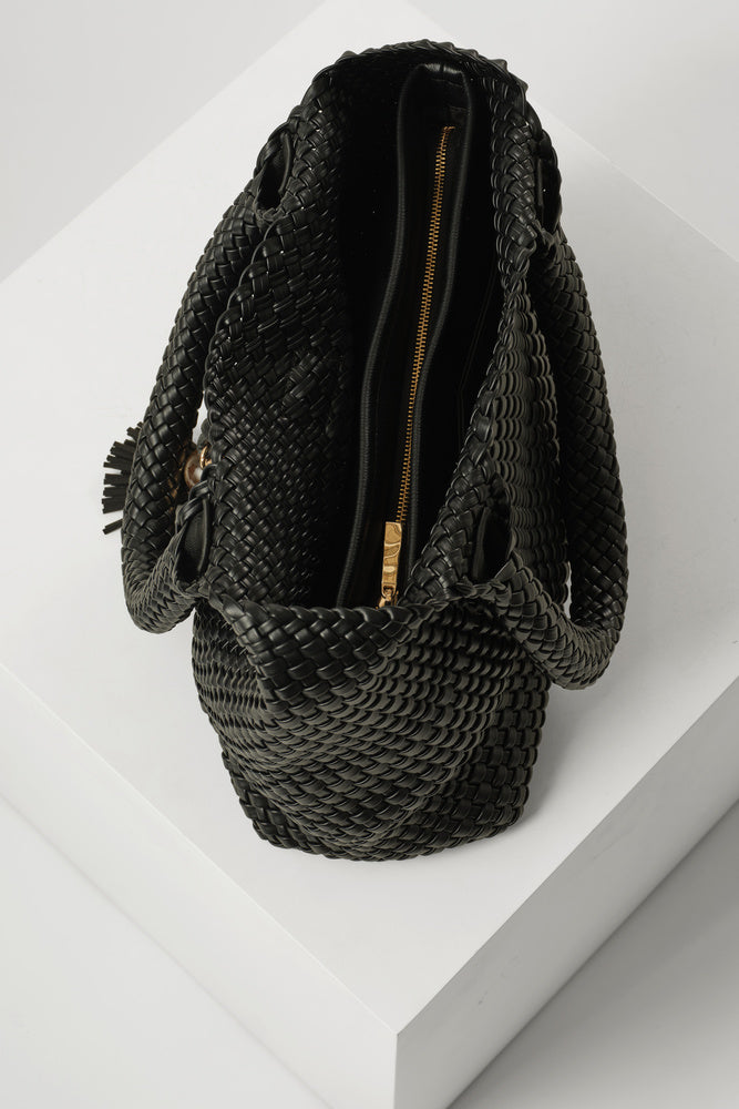 Saskia Black Large Woven Tote