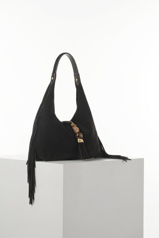 Paloma Black Suede Fringe Shoulder Bag