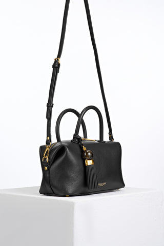 Alessia Black faux leather Bowler Tote by Luella Grey with detachable crossbody strap attached to gold rings on the side