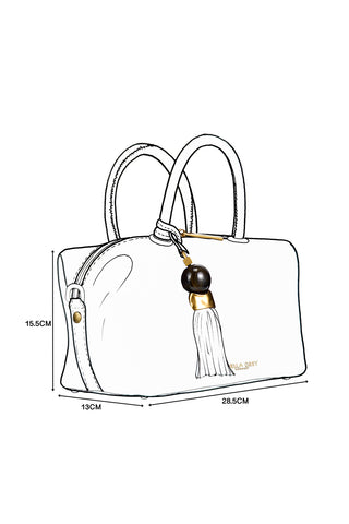 Line drawing design sketch of Alessia Steel Green faux leather Bowler Tote with Thames Tassel detail