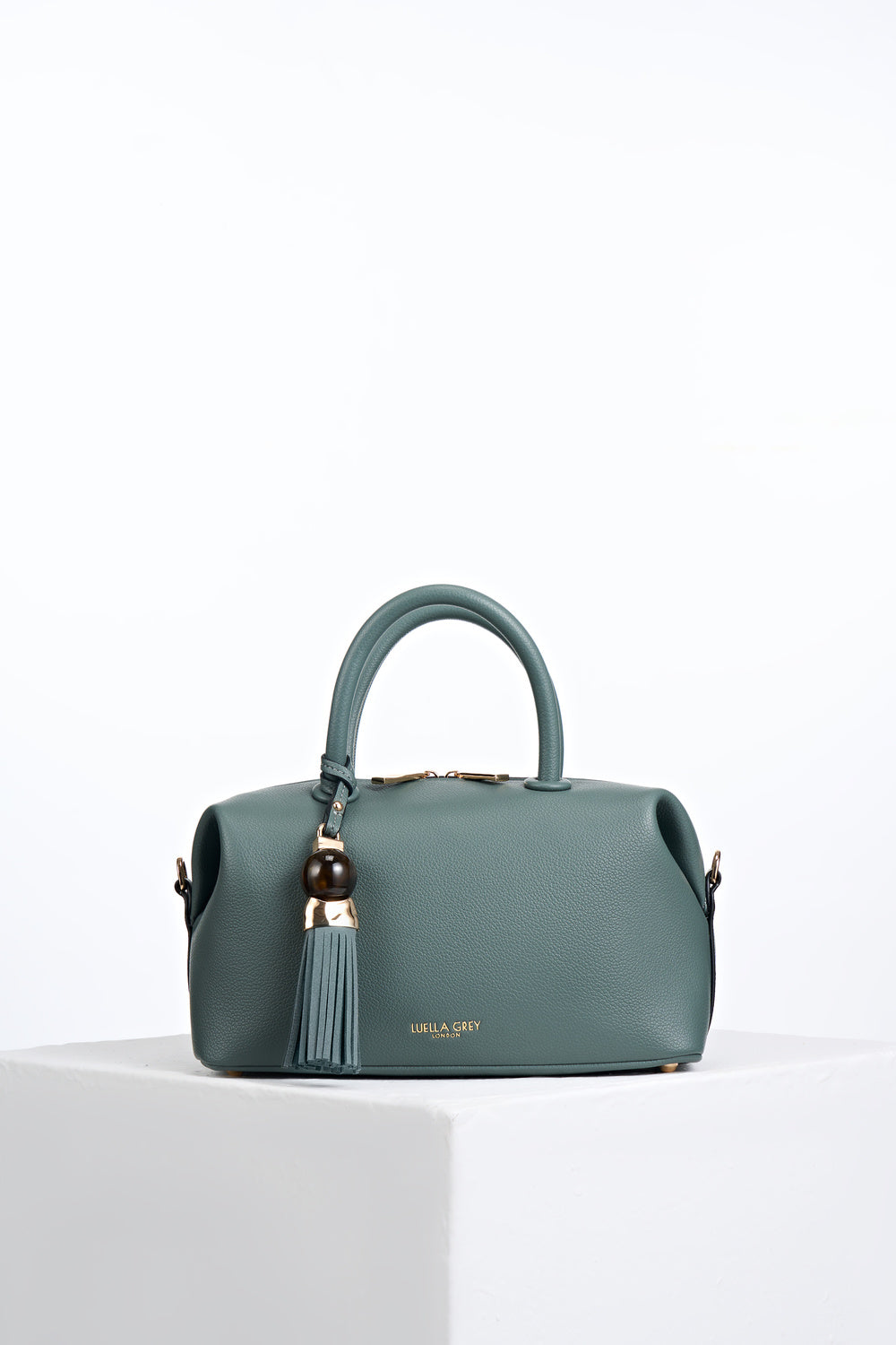 Alessia Black Steel Green leather Bowler Tote by Luella Grey with Thames Tassel molten gold and resin detail attached to the grab handles