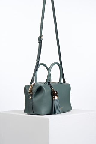 Alessia Steel Green faux leather Bowler Tote by Luella Grey with detachable crossbody strap attached to gold rings on the side
