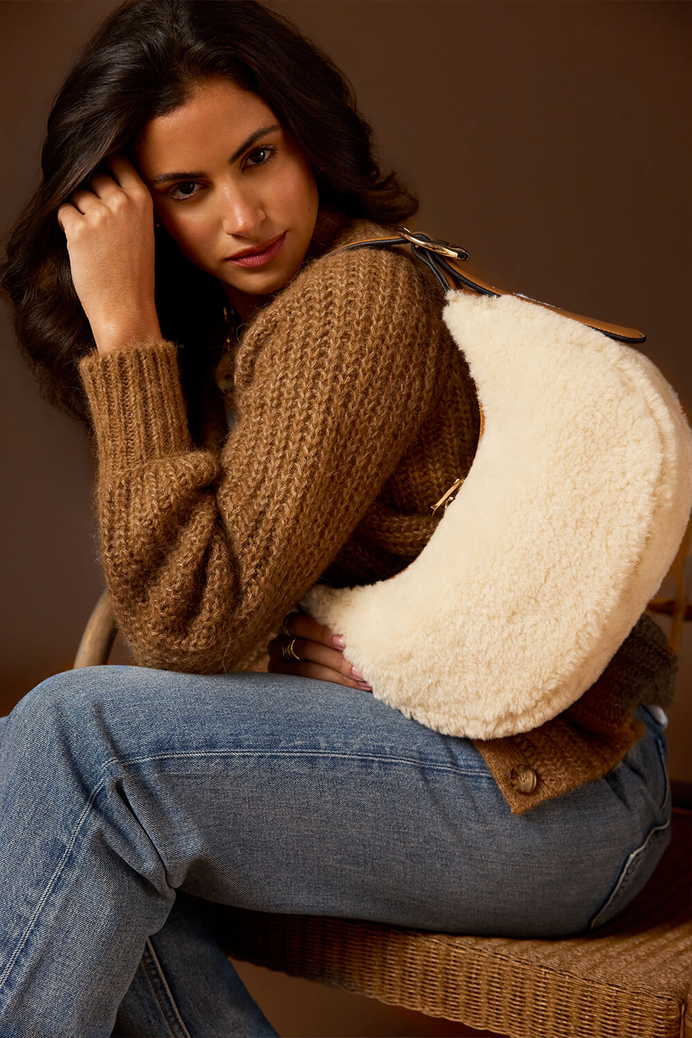 Blythe Ecru Faux Shearling Scoop Shoulder Bag