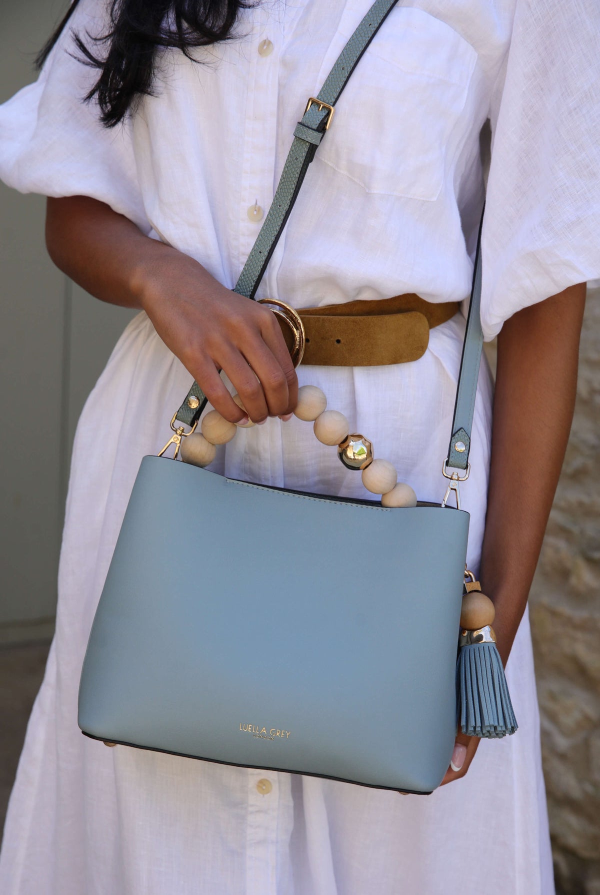 Demi Powder Blue Beaded Handle Crossbody Tote