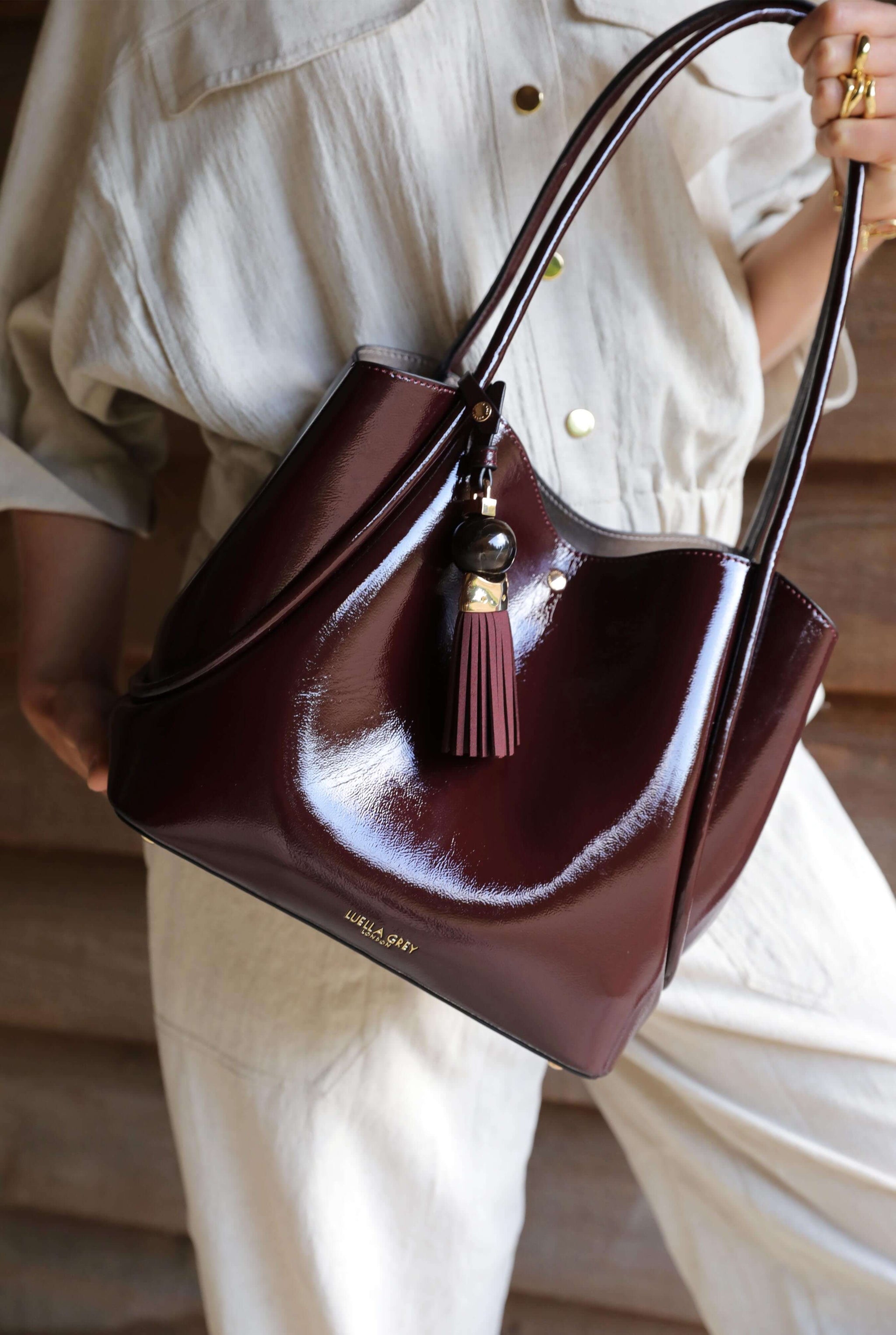 Floella Black Cherry Patent Tote – Luella Grey