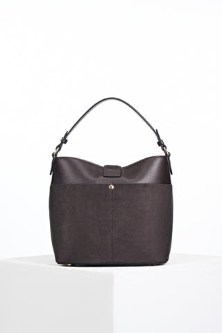 Back view of Indra Chocolate recycled suede and faux leather Bucket Crossbody showing the mag dot closure back slip-in pocket