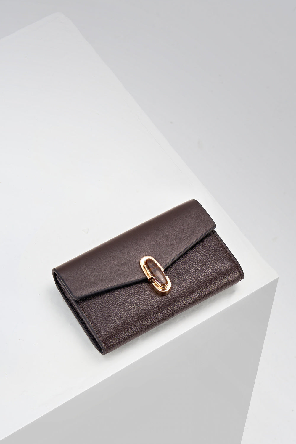 Leontina Chocolate faux leather Medium Purse with molten metal Waterloo Twist Lock closure detail on top flap
