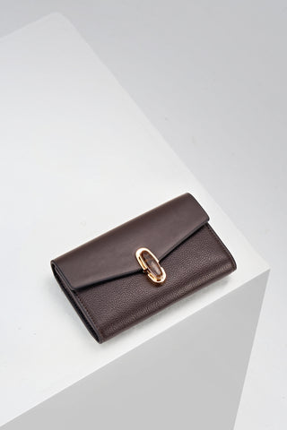 Leontina Chocolate faux leather Medium Purse with molten metal Waterloo Twist Lock closure detail on top flap