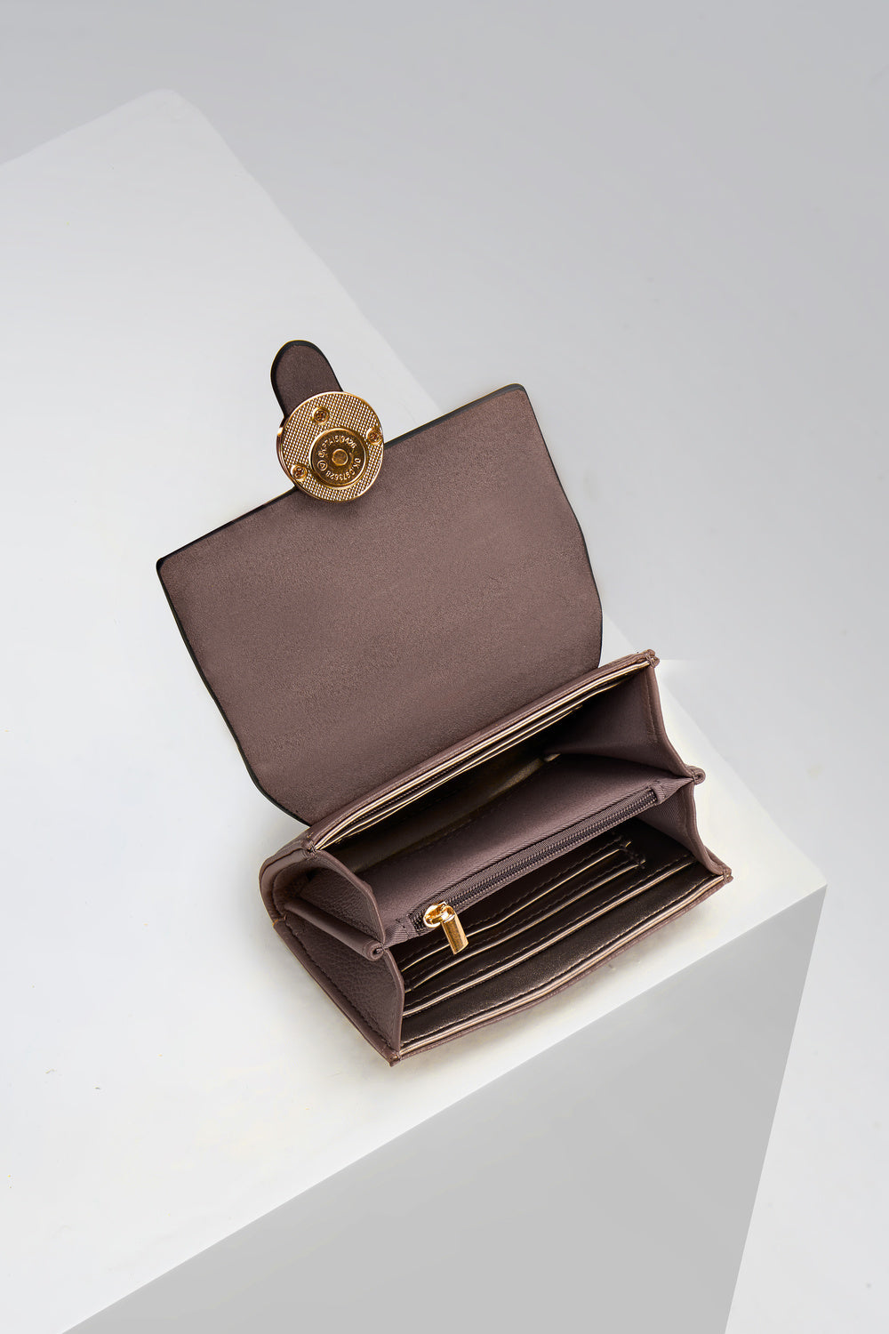 Letitia Fawn faux leather Medium Purse open showing the inside with top zip coin compartments and card slots