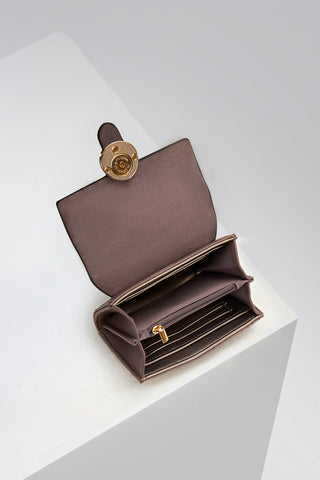 Letitia Fawn faux leather Medium Purse open showing the inside with top zip coin compartments and card slots