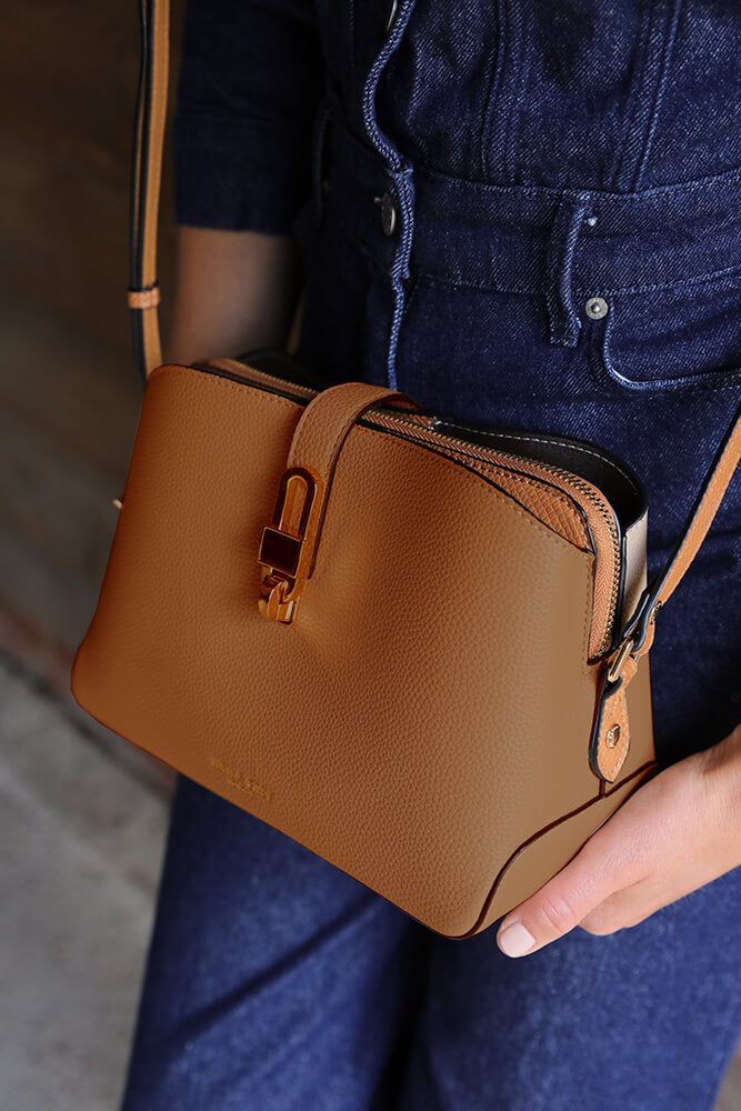 Margy Camel Zip Top Crossbody