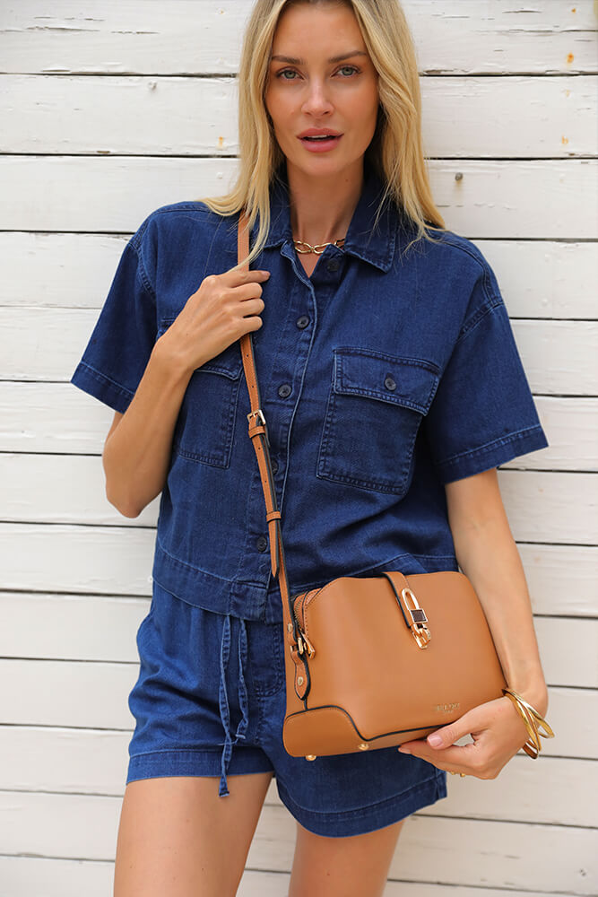 Margy Camel Zip Top Crossbody