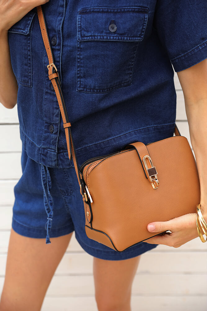 Margy Camel Zip Top Crossbody