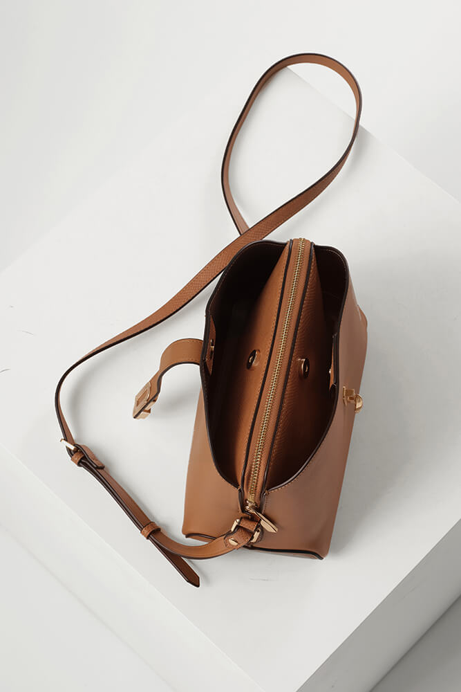 Margy Camel Zip Top Crossbody