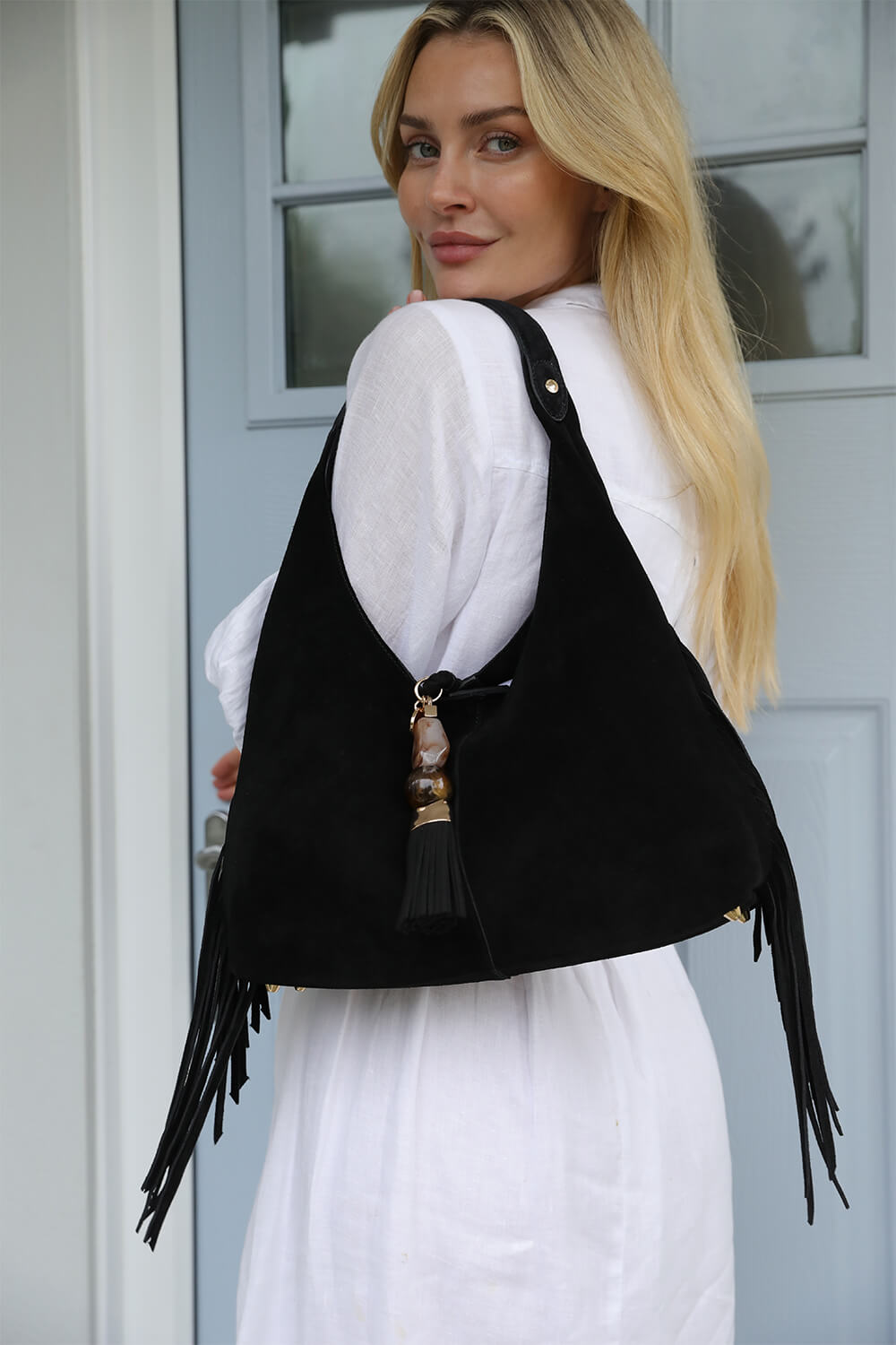Paloma Black Suede Fringe Shoulder Bag