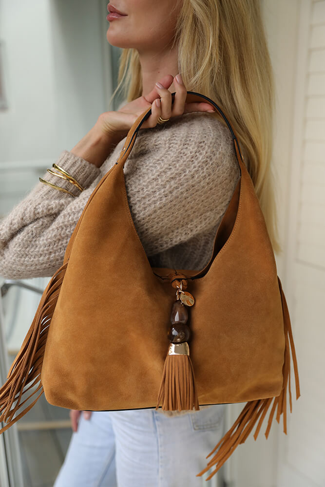 Paloma Camel Suede Fringe Shoulder Bag