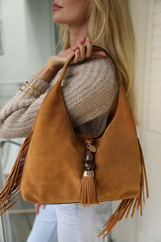 Paloma Camel Suede Fringe Shoulder Bag