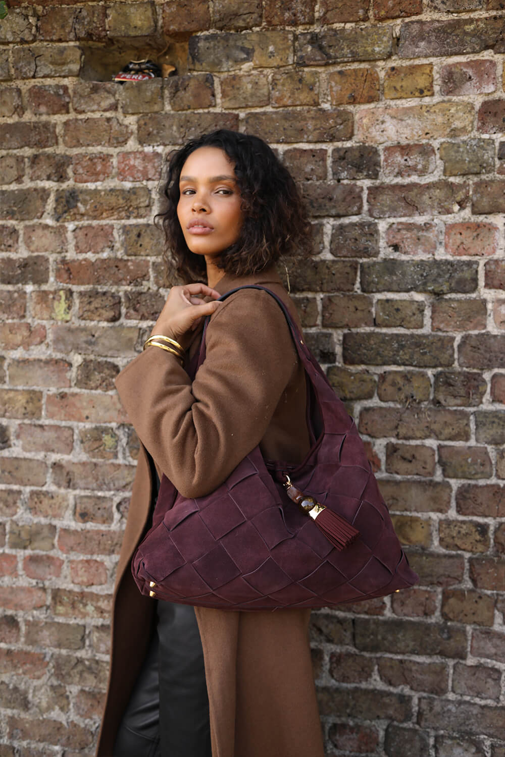 Pandora Weave Black Cherry Recycled Suede Slouch Hobo