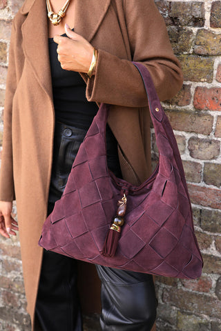 Pandora Weave Black Cherry Recycled Suede Slouch Hobo