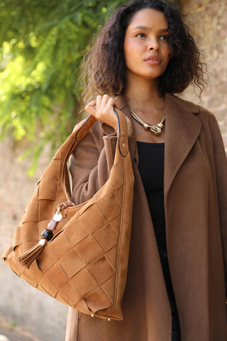 Pandora Weave Tan Recycled Suede Slouch Hobo