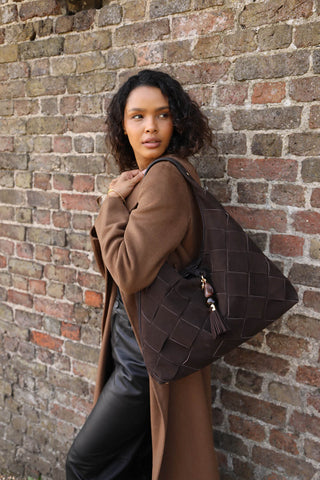 Pandora Weave Chocolate Recycled Suede Slouch Hobo