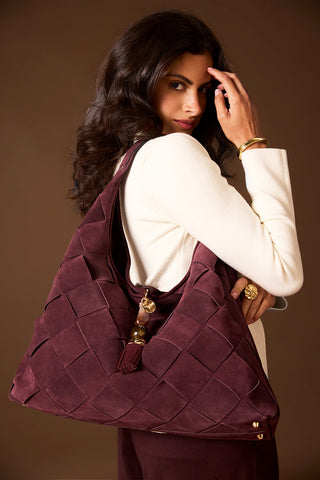 Pandora Weave Black Cherry Recycled Suede Slouch Hobo