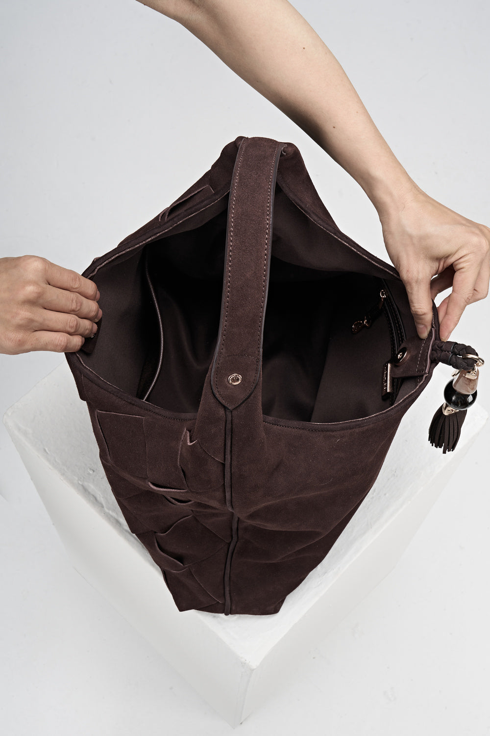 Pandora Weave Chocolate Recycled Suede Slouch Hobo