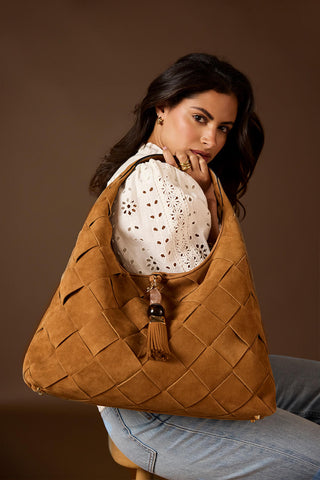 Pandora Weave Tan Recycled Suede Slouch Hobo