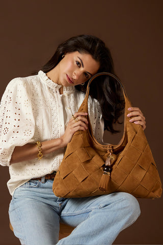 Pandora Weave Tan Recycled Suede Slouch Hobo