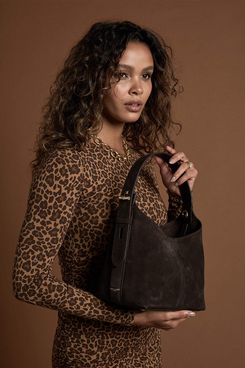 Roxanne Chocolate Recycled Suede Grab Handle Bag