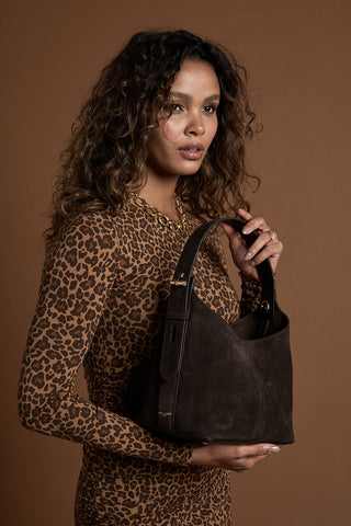 Roxanne Chocolate Recycled Suede Grab Handle Bag