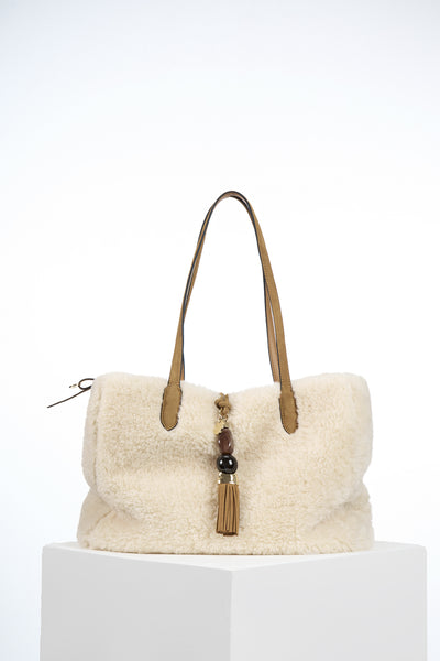 Sandrine Ecru Faux Shearling Large Tote