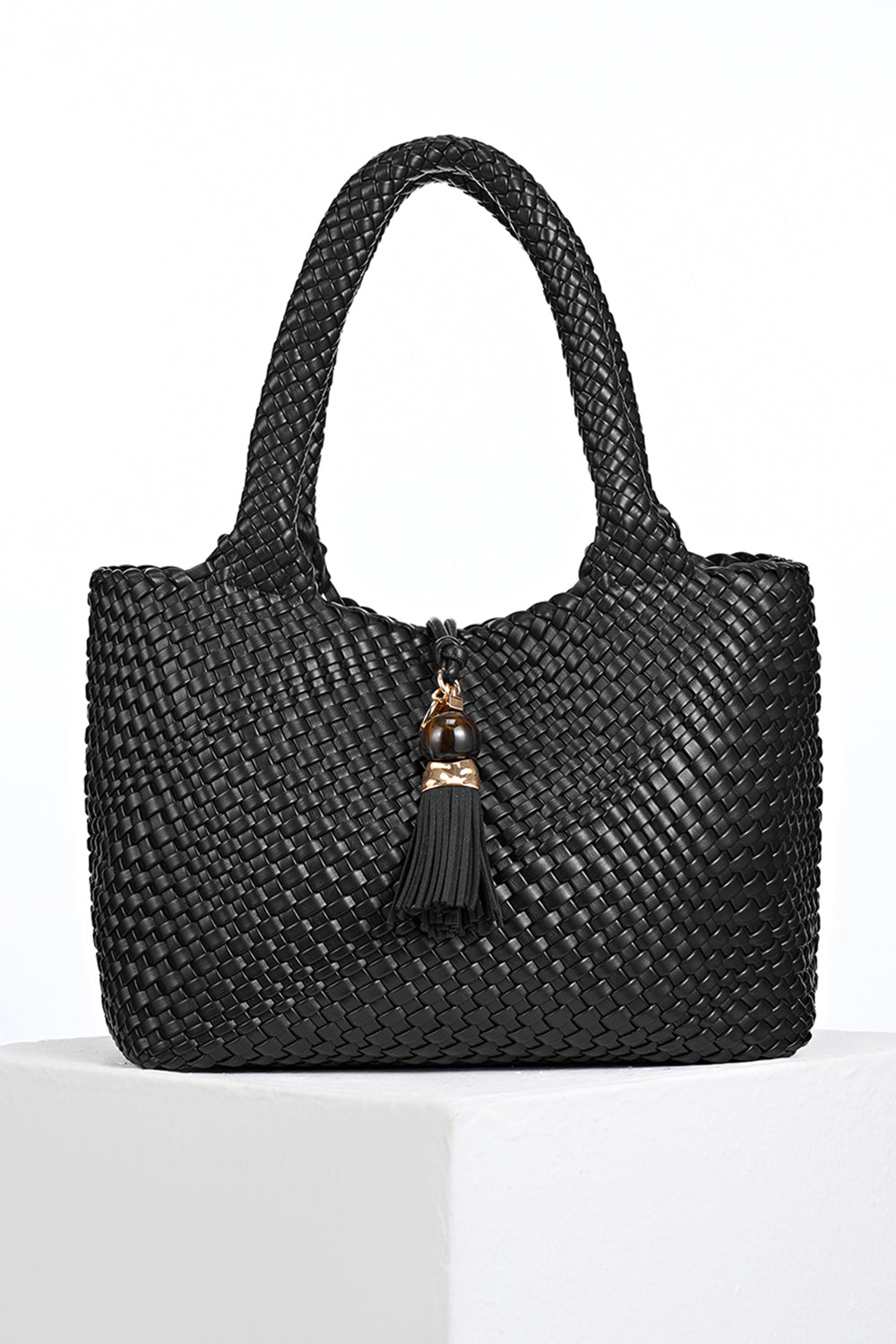 Saskia Black Large Woven Tote