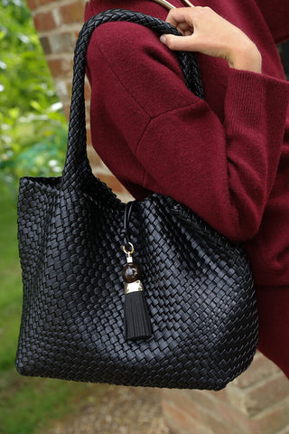 Saskia Black Large Woven Tote