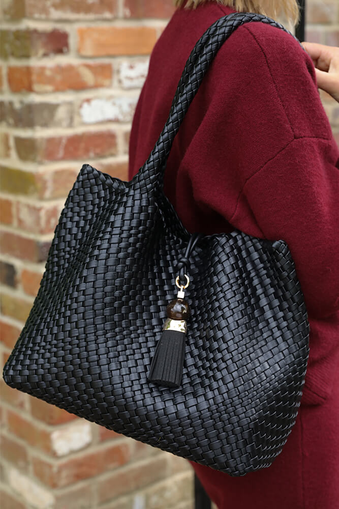 Saskia Black Large Woven Tote