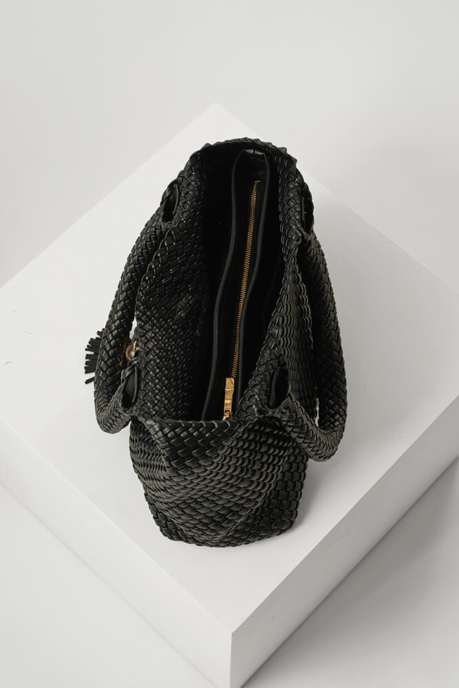 Saskia Black Large Woven Tote