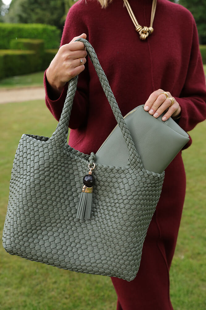 Saskia Khaki Large Woven Tote