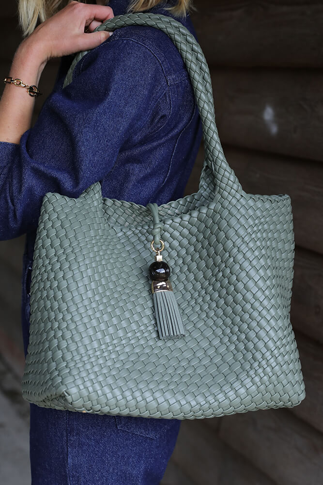 Saskia Khaki Large Woven Tote