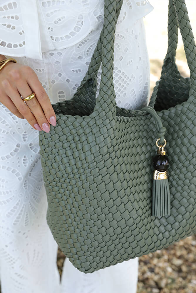 Saskia Khaki Large Woven Tote