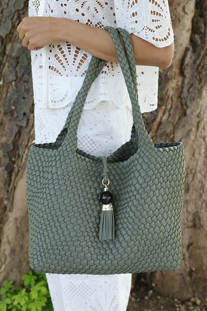 Saskia Khaki Large Woven Tote