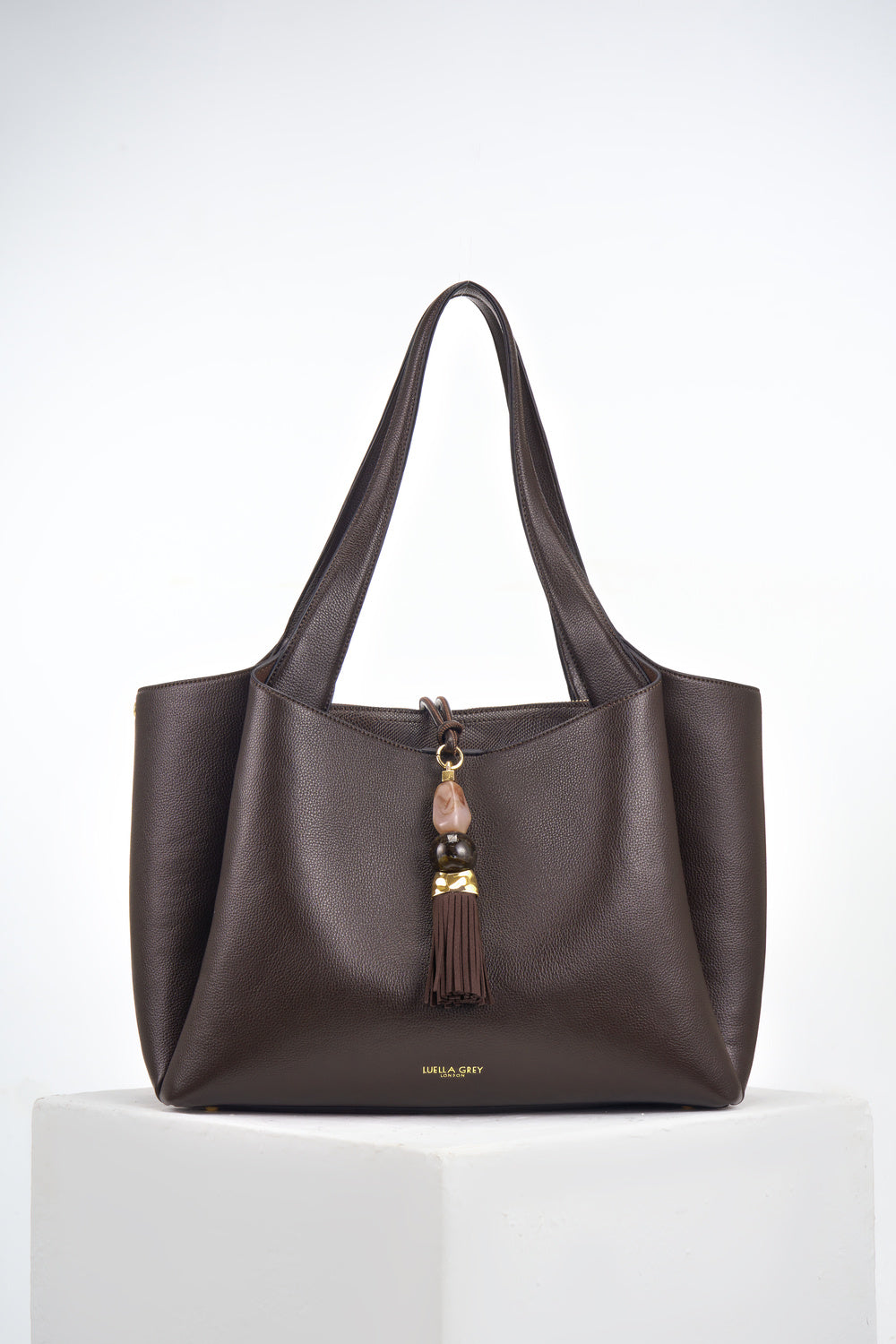 Stella Chocolate faux leather Laptop Tote with Signature Mayfair Tassel closure detail