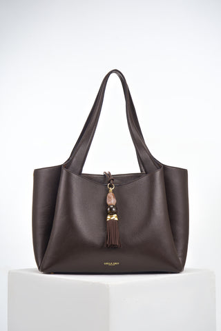 Stella Chocolate faux leather Laptop Tote with Signature Mayfair Tassel closure detail