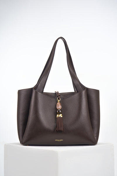 Stella Chocolate faux leather Laptop Tote with Signature Mayfair Tassel closure detail