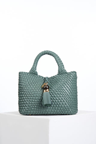 Suky Steel Green faux leather Woven Crossbody with Signature Thames Tassel closure detail