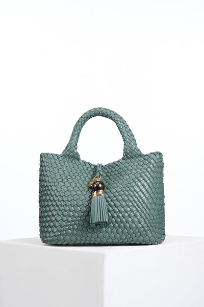 Suky Steel Green faux leather Woven Crossbody with Signature Thames Tassel closure detail