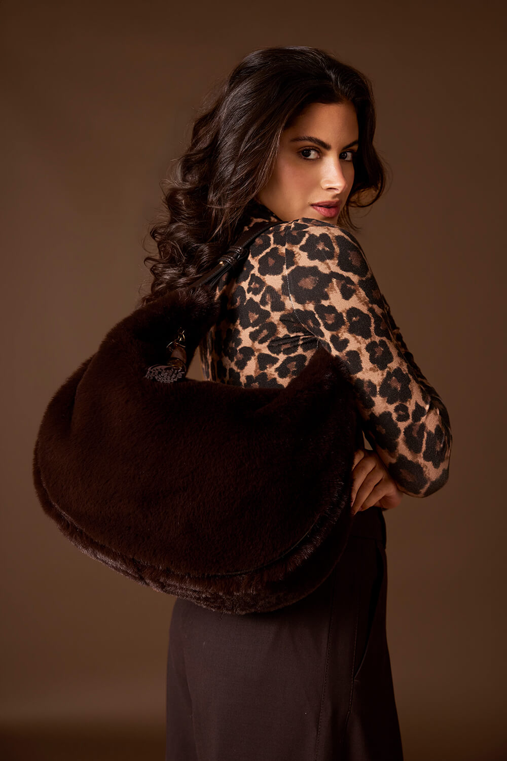 Theodora Chocolate Faux Fur Scoop Hobo