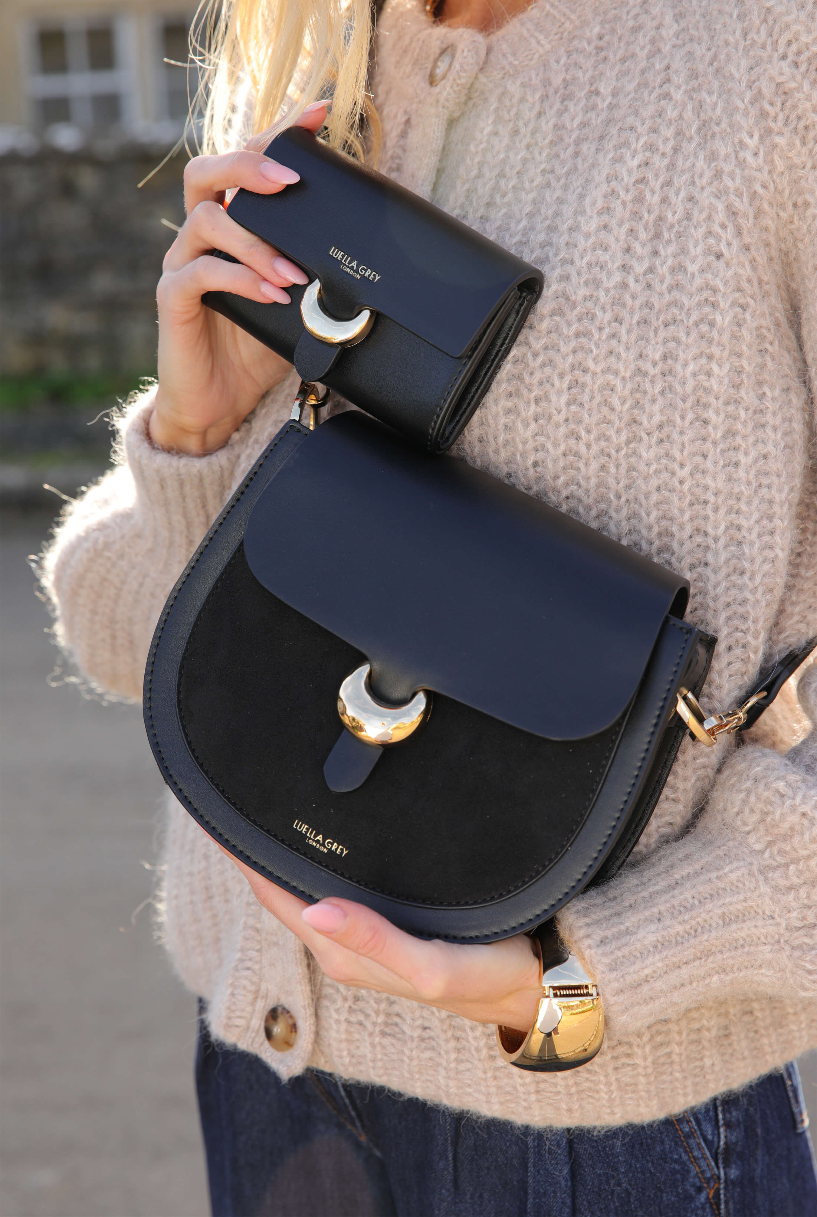 Venetia Black Saddle | Chic Crossbody Handbag | Luella Grey