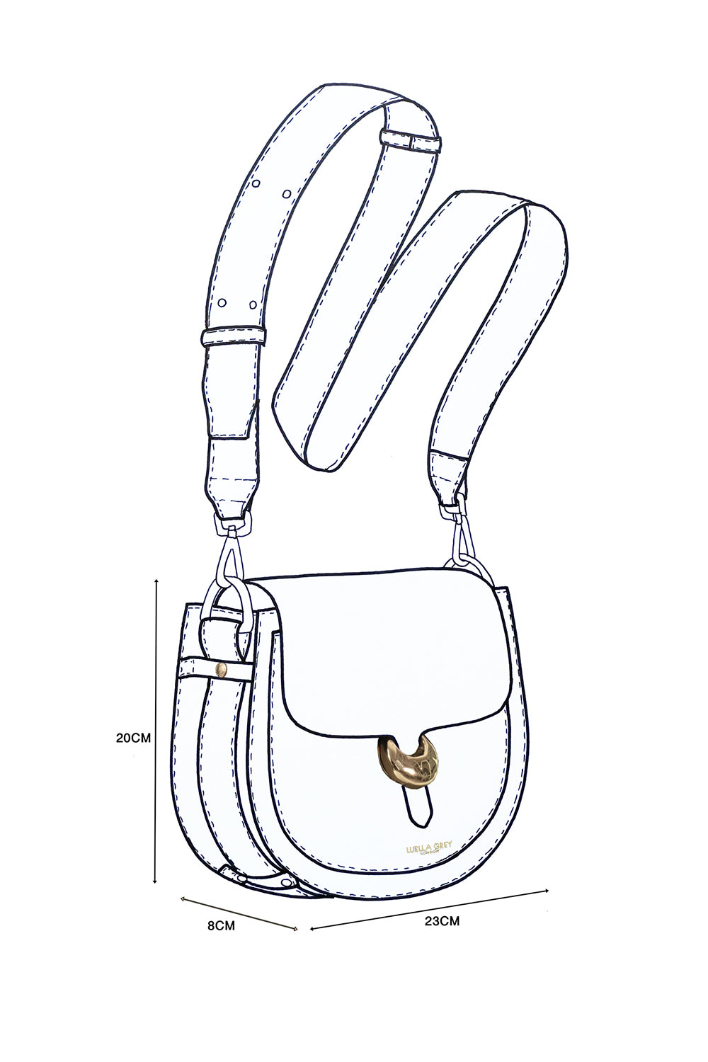 Line drawing design sketch of Venetia Faux leather Saddle Crossbody with gold Cannon Street Clasp detail